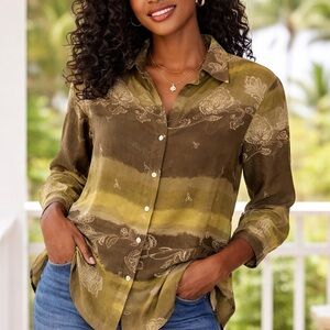 Vintage P.I.A.N.O. Women's Olive Green Print Button-Down Shirt 100% Silk Size M